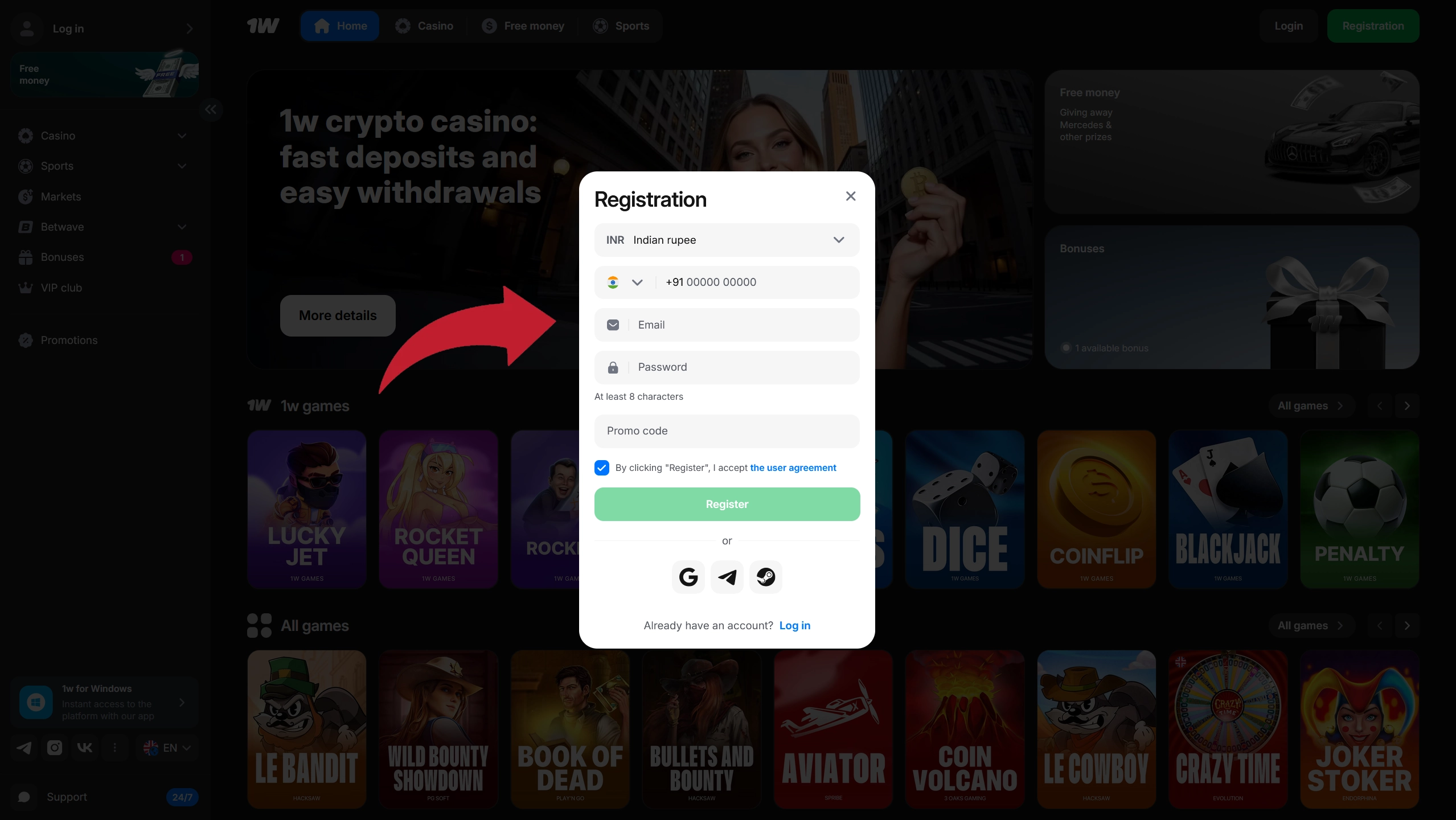 1win app fill in details during account registration