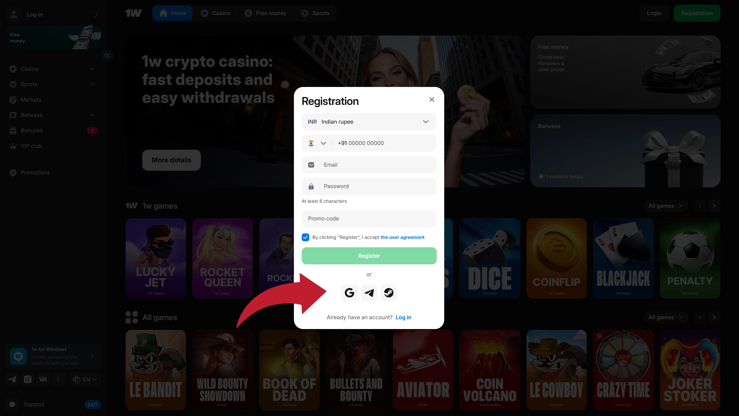 1win app registration method choice social or email
